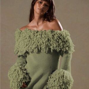 Muse Olive Off-Shoulder Fringe Knit Sweater